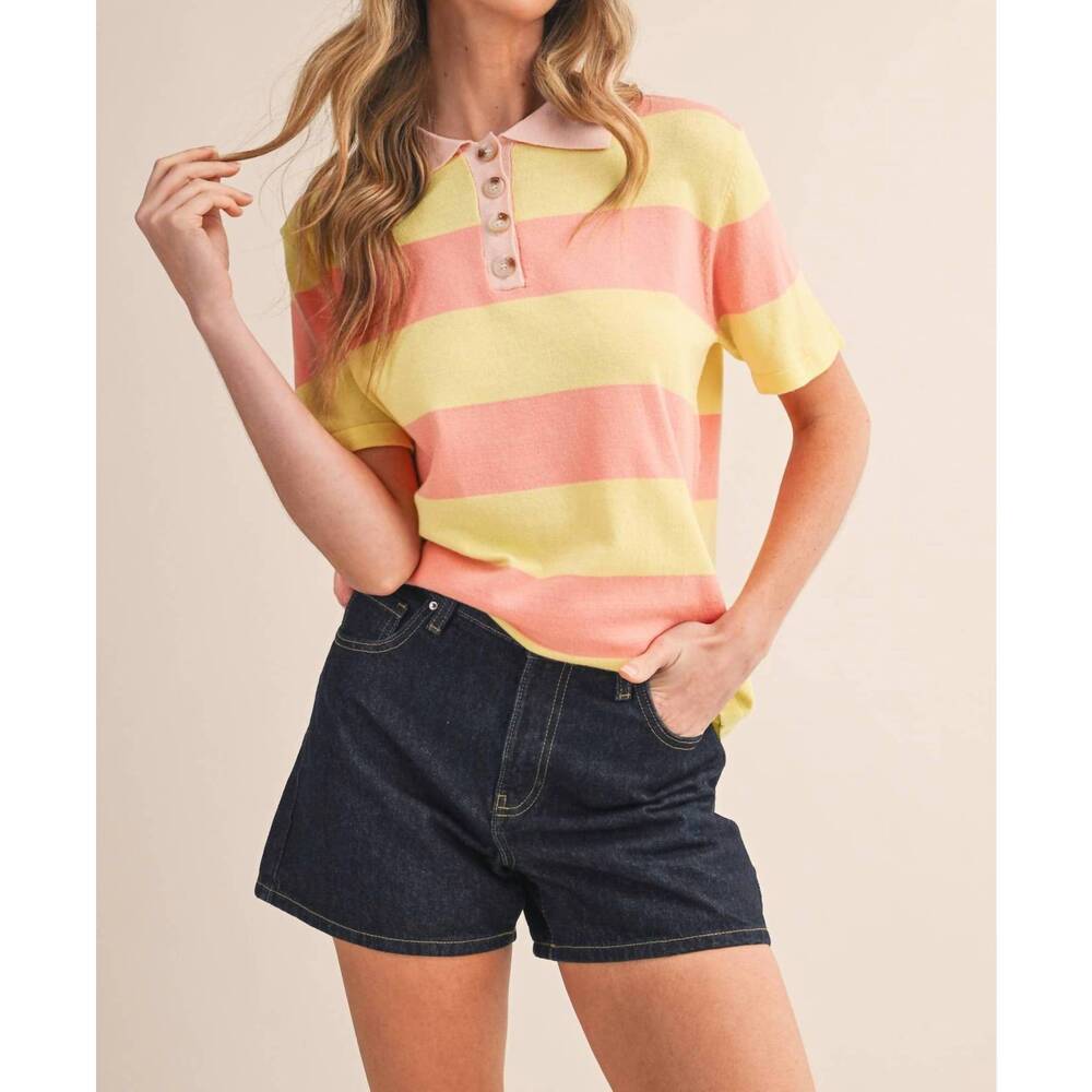 NEW &MERCI striped short sleeve sweater in yellow multi